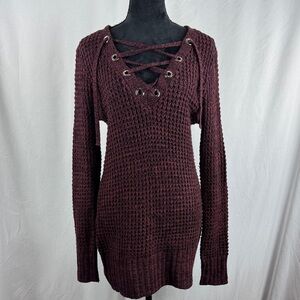 Nobo Burgundy Knit Sweater with Lace-Up Detail